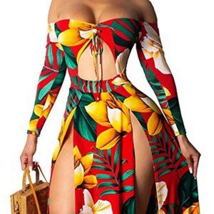 LightlyKiss Women's Sexy Off Shoulder Split Floral Dresses Long Sleeves Summer